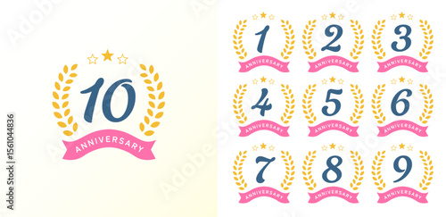 アニバーサリーロゴのセット(ベクター 周年記念 お祝い ロゴ イラスト 1周年 2周年 3周年 4周年 5周年 10周年)
