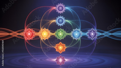 Glowing molecular patterns illustrate the dynamic energy of an atom on a dark or blue background, weaving a futuristic network of science and technology