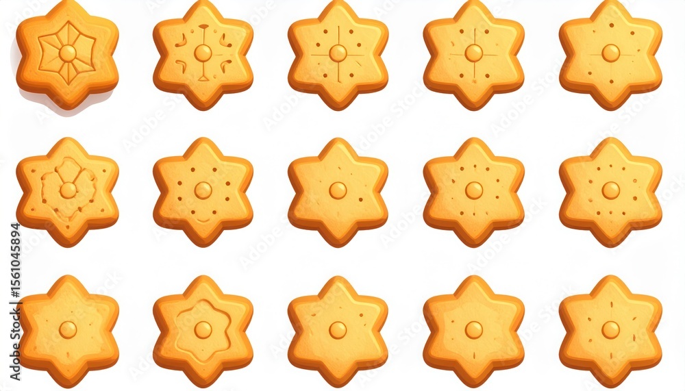Fototapeta premium Assortment of star-shaped sugar cookies with intricate designs, perfect for festive backgrounds and holiday treats, on
