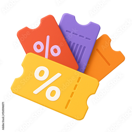 Colorful 3D coupons with percent sign for promo, sale or cashback offers.