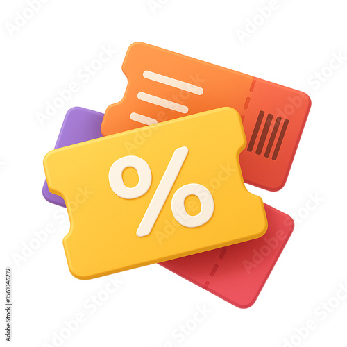 Colorful 3D coupons with percent sign for promo, sale or cashback offers.