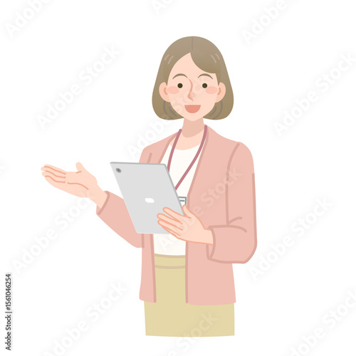 タブレットを持って説明をする女性社員