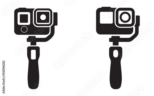 Action camera with gimbal icon set, GoPro vector illustration, handheld stabilizer camera, video capture equipment silhouette, minimal line art gadget