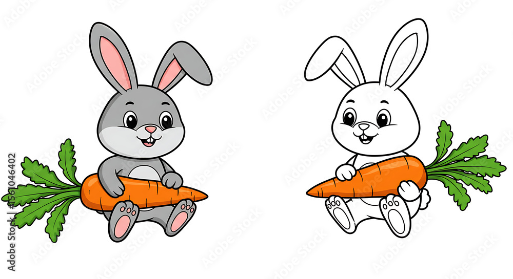 Fototapeta premium Bunny and carrot cartoon coloring page vector isolated on white background.