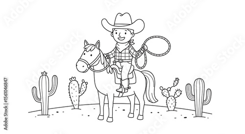 cute cowboy on a horse with lasso and cacti, coloring page vector isolated on white background.