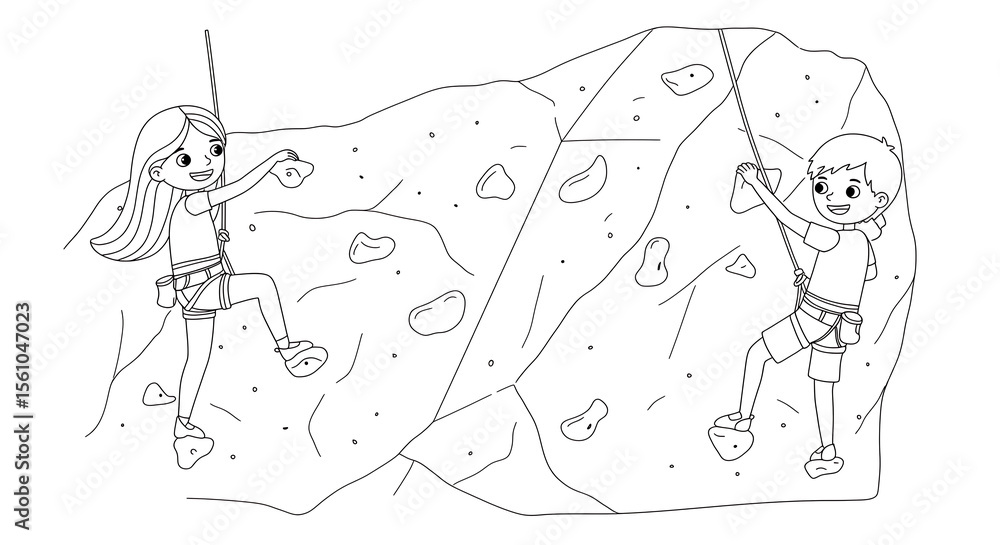 Obraz premium illustration of a boy and girl rock climbing on an artificial wall – coloring page for kids, isolated on white background.