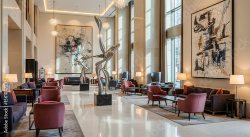 A luxurious hotel lobby boasts high ceilings, large abstract artworks, modern sculptures, crystal chandeliers, and various seating areas with plush sofas and armchairs.