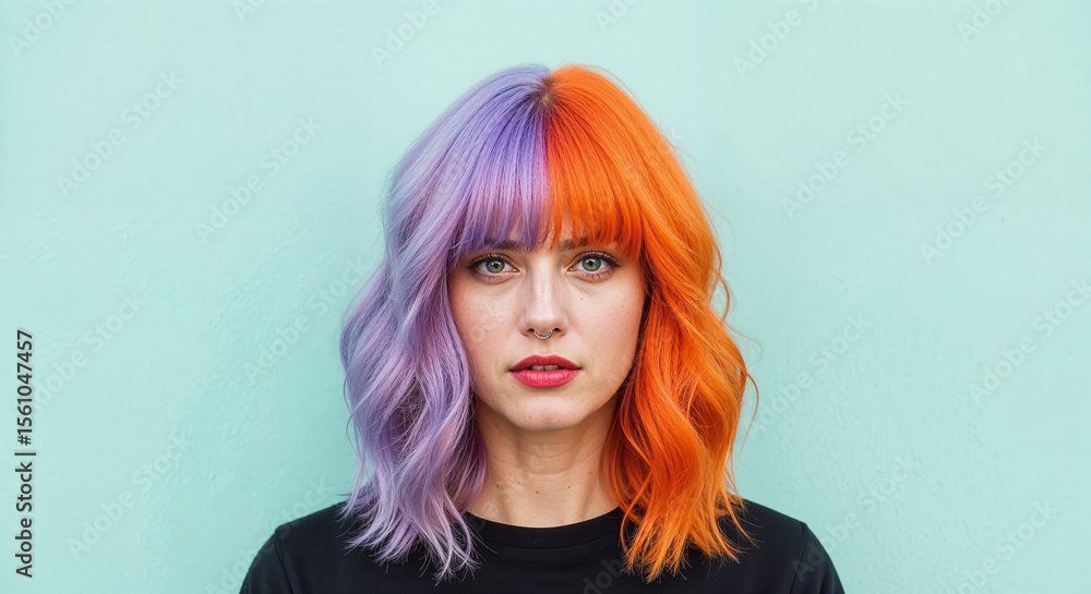 Fototapeta premium Young woman showing her trendy two-colored hairstyle in front of turquoise background