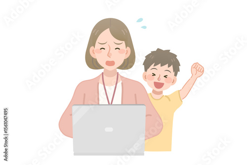 子供に話しかけられて困るテレワーク中の女性社員