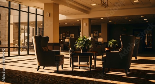 Warm-toned interior scene with comfortable seating illuminated by sunlight streaming through large windows, featuring potted plants and textured surfaces.