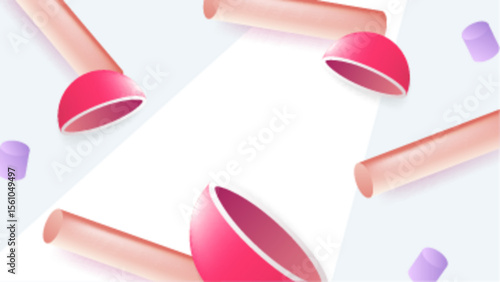 Pink hemispheres, light pink cylinders, and purple marshmallows create a sweet and whimsical composition perfect for foodthemed designs. Great for candy store promotions.