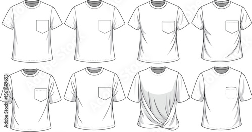 Men’s t-shirt fashion CAD drawing top view showing pocket styles and draped variations for modern vector apparel design templates.