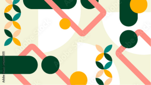 Abstract design with pink, green, and yellow shapes suitable for backgrounds, posters, and digital art projects requiring colorful elements.