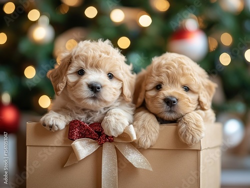 Two adorable golden doodle puppies cuddle together in a festive holiday setting, nestled inside a gift box with a red bow.