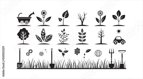 Set of grass silhouette icons. Isolated on a white background, this web sign kit features bio plants. The sprout pictogram collection includes flowers, gardening, and ecology