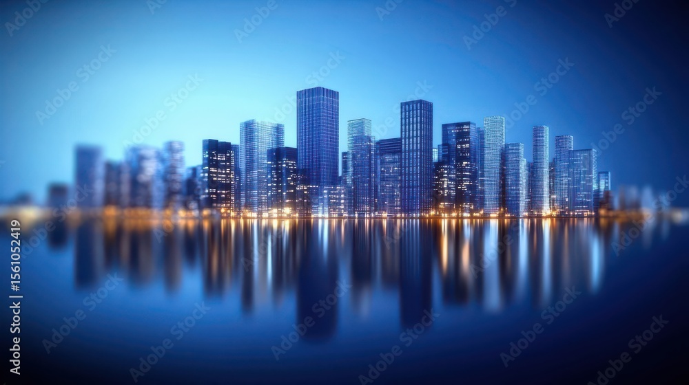 Fototapeta premium Cityscape Reflection at Twilight: Modern Skyscrapers Illuminated Against a Calm Water Surface