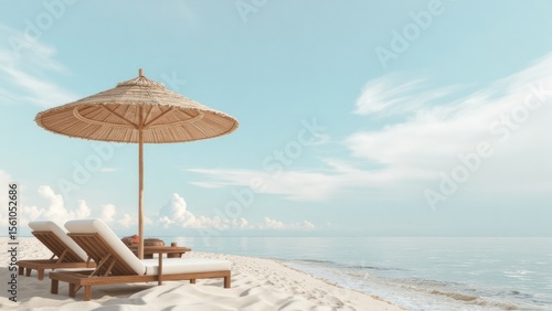 Wallpaper Mural Beach scene with straw umbrella and lounge chairs. Torontodigital.ca