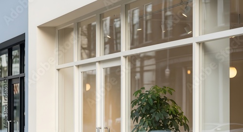 Exterior view of a building with large windows displaying an interior with hanging lights and a potted plant. Beige facade with glass windows reflecting the outside in daylight.