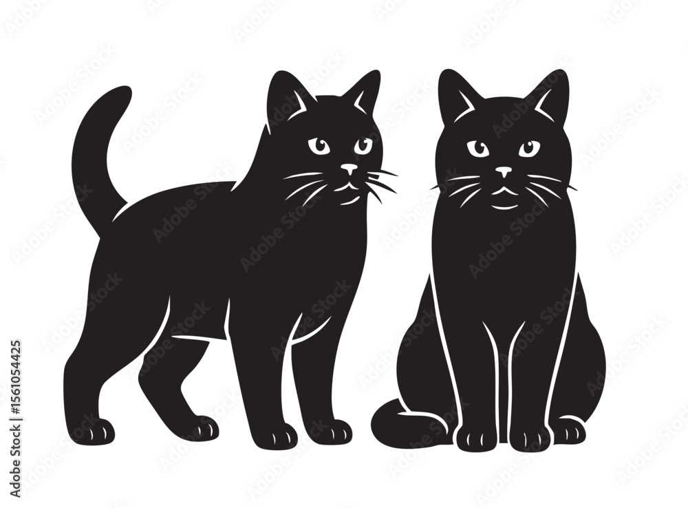 Obraz premium Two elegant black vector illustrations of Chartreux cats, one standing and one sitting. Pet.