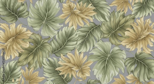 Tropical Botanical Foliage Pattern with Soft Green and Ochre Hues