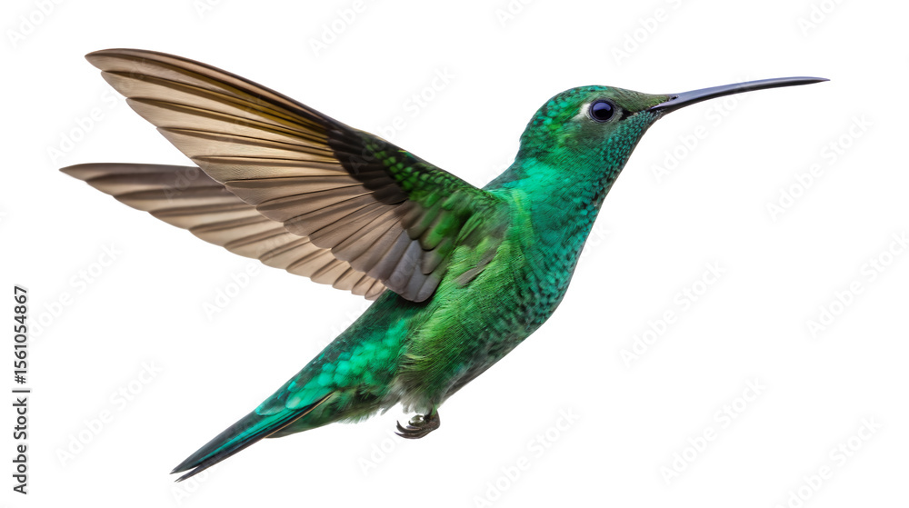 Fototapeta premium A vibrant green hummingbird soars against a transparent background