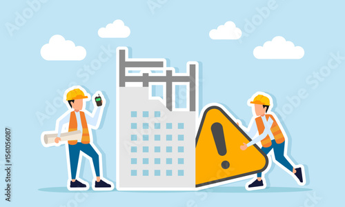 Engineer holding a walkie talkie near a building construction site while another engineer carries a caution sign illustration of instruction and awareness in project environment