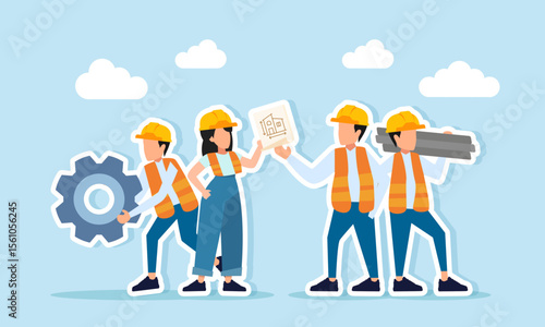 Several engineers gathered some discussing project paperwork others carrying gear and lifting metal stacks illustration of coordination and preparation check for project readiness
