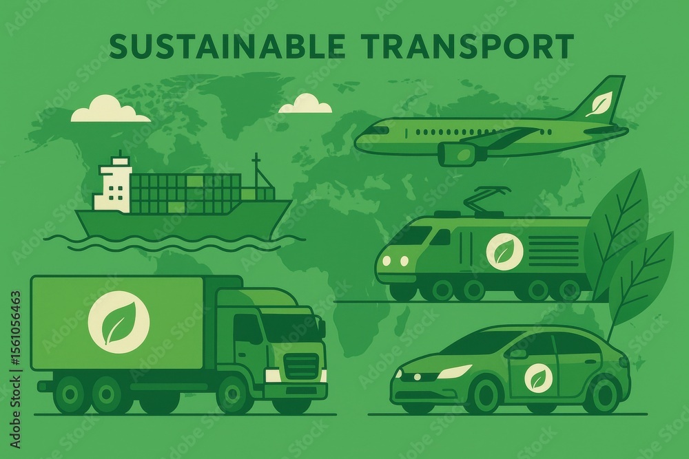 Obraz premium Eco-Friendly Transport: A visually appealing illustration depicting a range of eco-friendly transport options, promoting a vision of sustainable living and environmental stewardship.