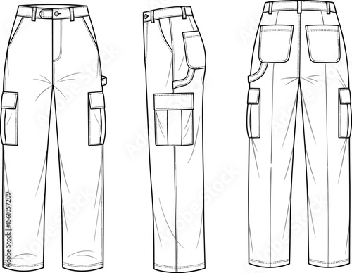 Cargo pants technical sketch, flat fashion vector, CAD illustration for apparel design, front side back view, clothing template mockup