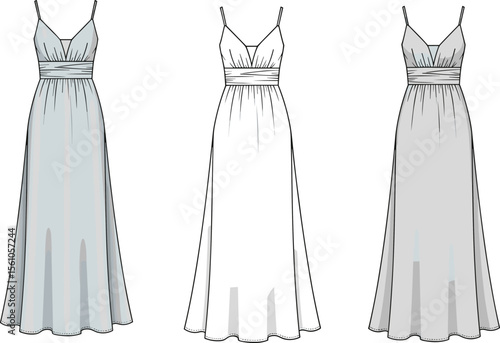 Elegant maxi dress technical sketch, fashion flat template for designers, sleeveless V-neck gown illustration, vector CAD drawing, garment design