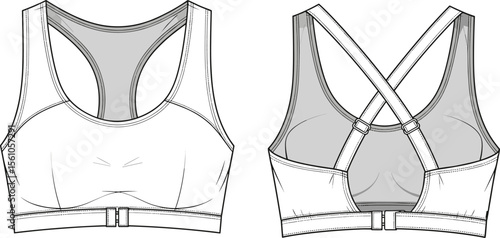 Women's sports bra front and back technical flat sketch, athletic underwear design with cross back straps, adjustable closure, vector template