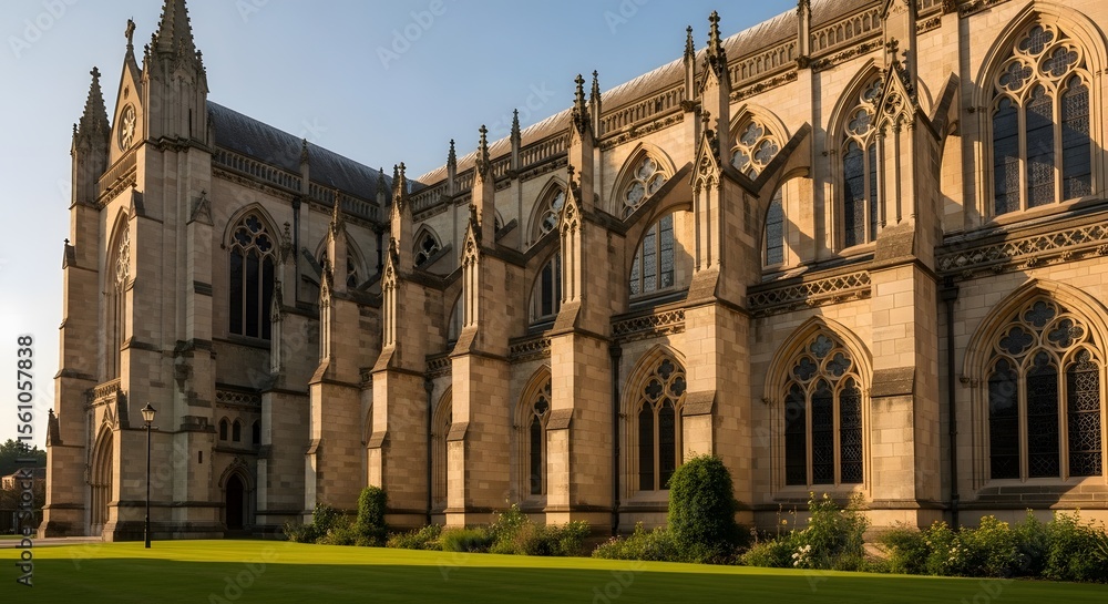 Fototapeta premium Gothic Cathedral Exterior View Showing Stone Architecture Arched Windows And Green Grass Under Sunny Sky