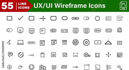 UX/UI Wireframe Vector Icons Set – Header, Image Placeholder, Form Field, Button, Navigation Bar, Scroll Section


