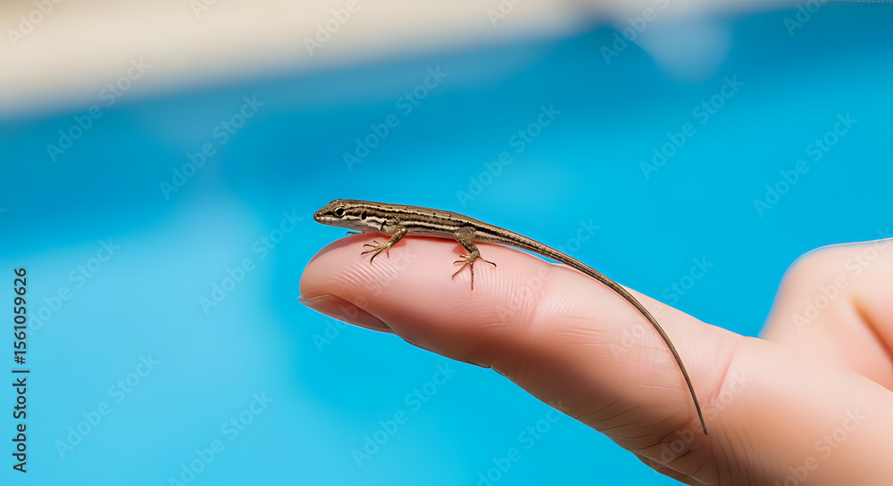 Obraz premium A tiny brown striped lizard resting on a person's finger with a bright blue background in soft focus