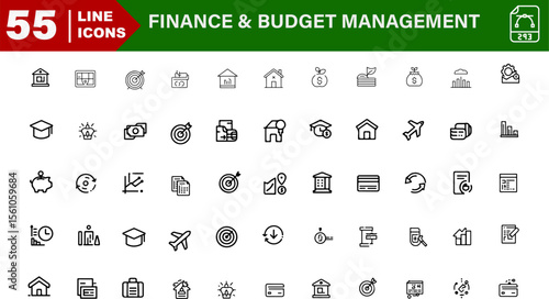 Finance and Budget Management Vector Outline Icons Set – Monthly Budget, Spending Pie, Cash Flow, Savings, Pay Later
