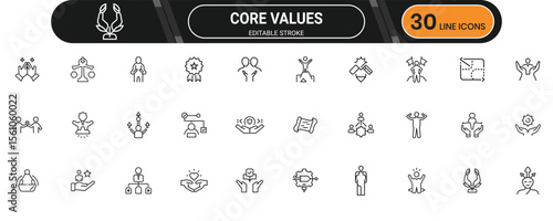 Core values line icon set. Containing honesty, respect, teamwork, passion, integrity, mission, ethics, trust and more. Editable stroke. Vector illustration.