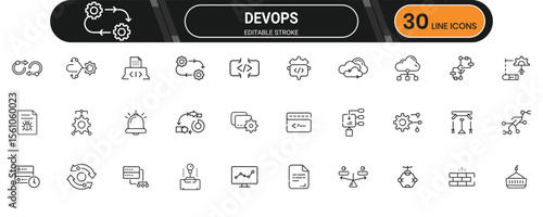 DevOps line icon set. Containing automation, CI/CD, deploy, script, monitor, code, version, tools and more. Editable stroke. Vector illustration.