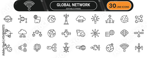Global network line icon set. Containing globe, internet, connection, web, world map, sharing, data, signal and more. Editable stroke. Vector illustration.