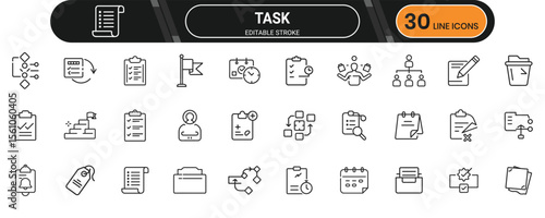 Task line icon set. Containing checklist, to-do, calendar, time, complete, schedule, plan, reminder, mark and more. Editable stroke. Vector illustration.