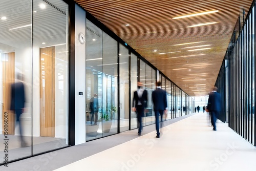 Modern office hallway with wooden slat walls, glass partitions, recessed ceiling lights, and motion blur of people walking through a contemporary workspace
