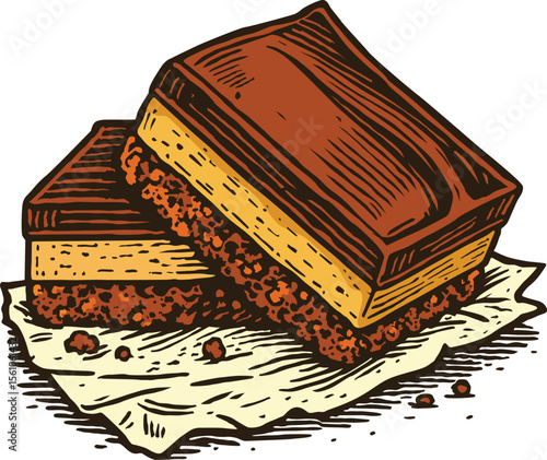 Delicious Nanaimo Chocolate Layer Dessert Bar Vector Illustration Sweet Snack with Biscuit, Custard, and Chocolate Topping in Vintage Engraving Style – EPS Format for Menu, Packaging, and Food Design