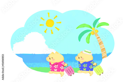 夏リゾートへ旅行　アロハシャツを着た猫のかわいい水彩イラスト