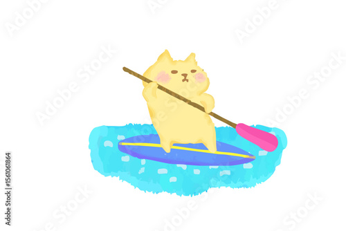 夏レジャーでサップを楽しむ猫のかわいい水彩イラスト