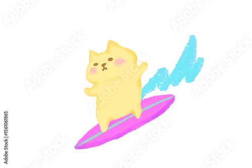 サーフィンを楽しむ猫のかわいい水彩イラスト