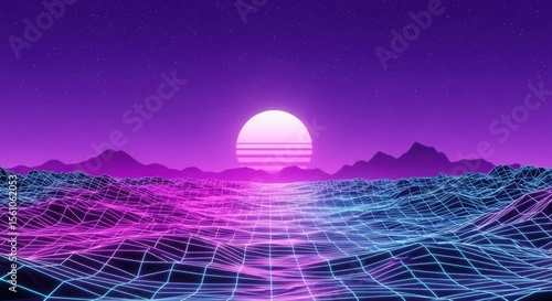 Fototapeta Naklejka Na Ścianę i Meble -  Retro Futuristic Ocean Sunset With Neon Grid And Distant Mountains Under Starry Sky