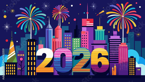 Happy new year 2026 celebration with colorful fireworks over a modern city skyline