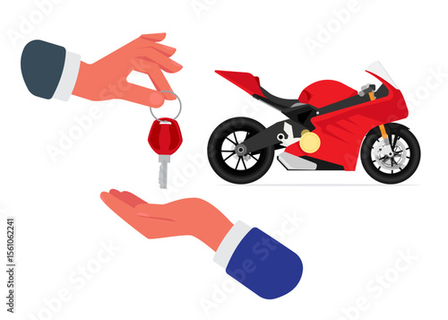 Sportbike with hands and passing key. Process of buying or renting sportbike. Giving key and motorcycle in flat style. Sales and purchase. Stack Illustration.