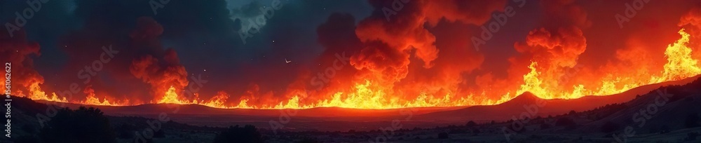 Naklejka premium Dramatic Inferno Raging Flames Against a Dark Night Sky, Intense Heat and Glowing Embers, Perfect for Apocalyptic, Destruction, or Power Concepts