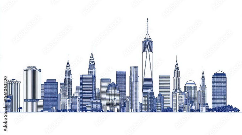 Naklejka premium Blue Line Art Drawing of City Skyline with Iconic Landmarks