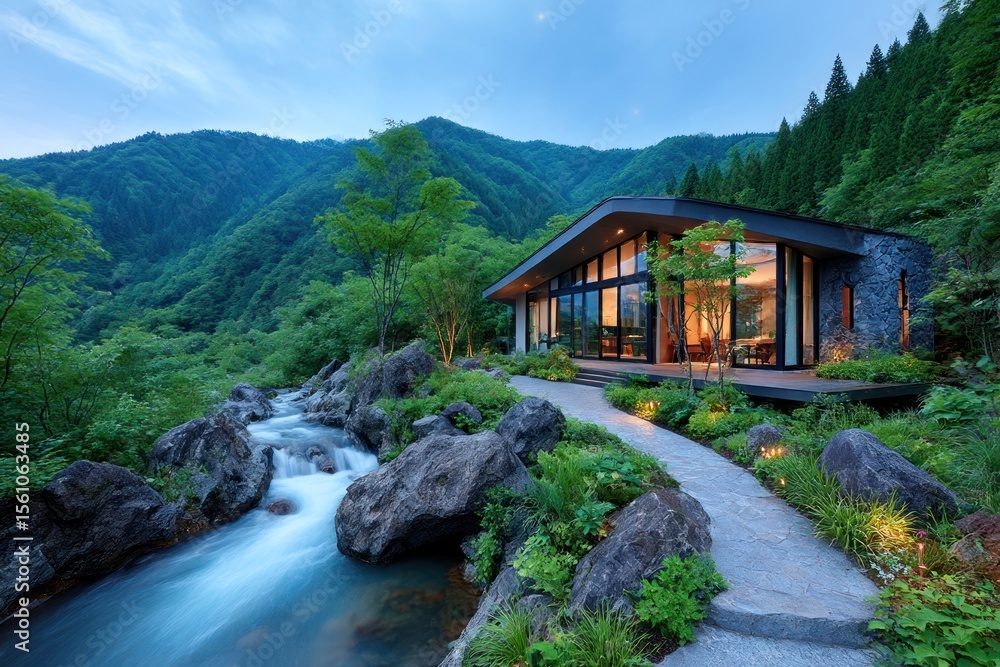 Modern mountain lodge by a stream Modern mountain lodge by a stream